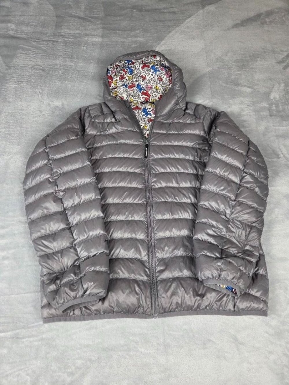 Uniqlo SPRZ NY Keith Haring MoMA Silver Puffer Jacket Down Pop Art Hooded, M
